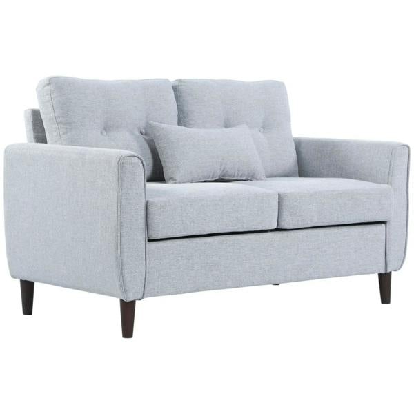 Light grey fabric two-seater sofa with tufted back and cushioned armrests