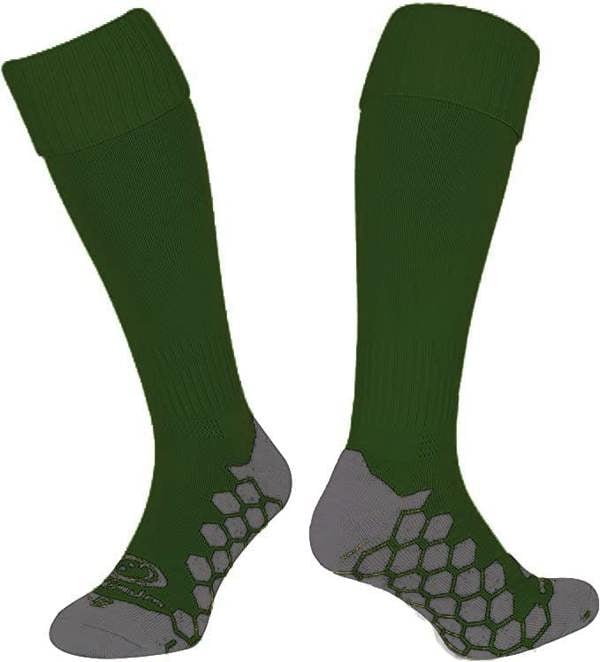 Pair of bottle green Optimum Classico knee-length football socks with grey grip sole, front and back, on white - Optimum
