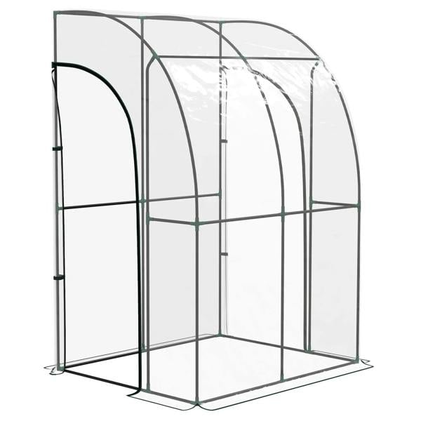 Lean-to walk-in greenhouse with clear panels and dark green metal frame