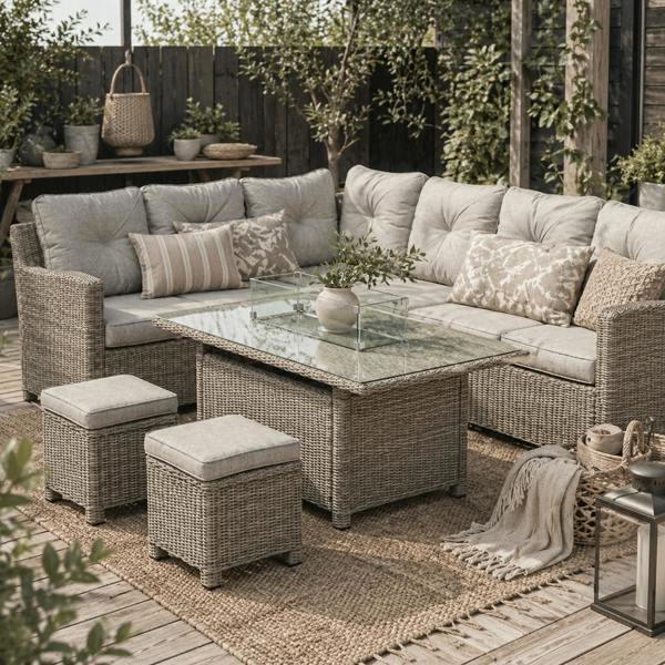 Wyld Haus Fiva Faux Rattan 8 Seater L Shaped Outdoor Sofa Set With Fire Pit Table 2 Footstools and Cover
