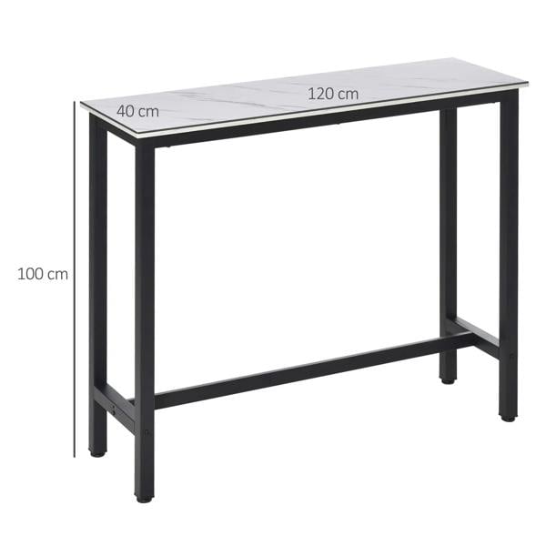 Rectangular bar table, white marble-effect top, black frame with four legs and open shelf