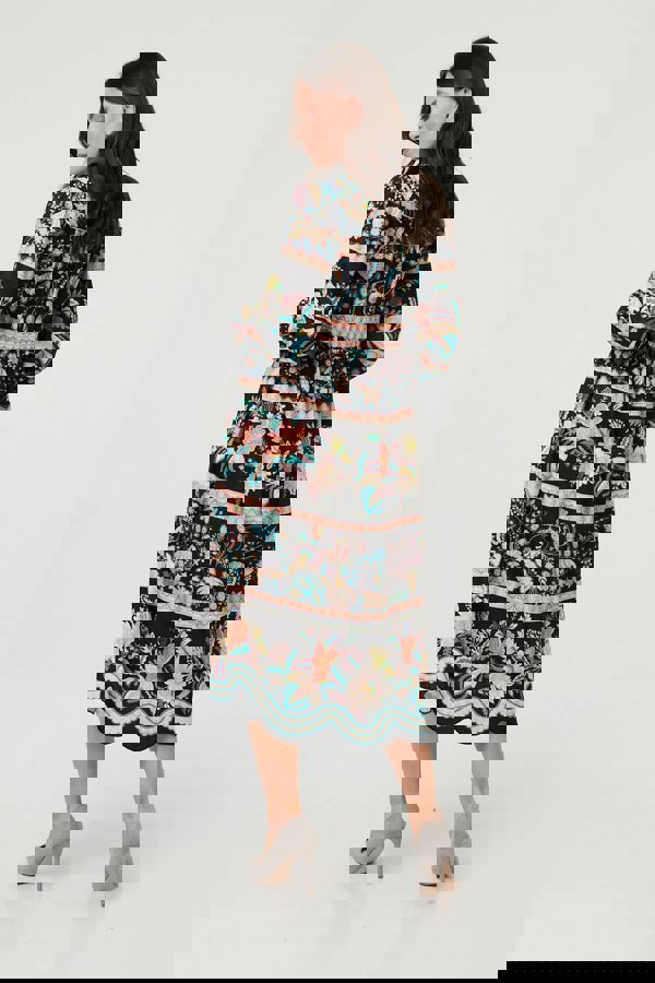 Black | Floral Long Sleeve Buttoned Midi Dress
