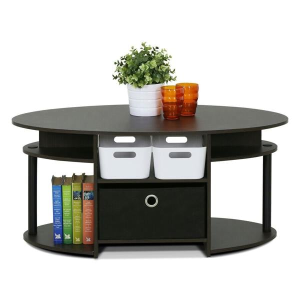 WALPLUS JAYA Simple Design Oval Coffee Table with Bin, Walnut Compact Sturdy Design For Dorm Room (Walnut) - SKU 15079WNBK