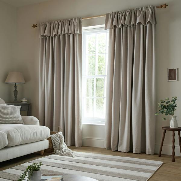 Catherine Lansfield Brushed Texture Ruffle Top Lined Pencil Pleat Curtains Natural