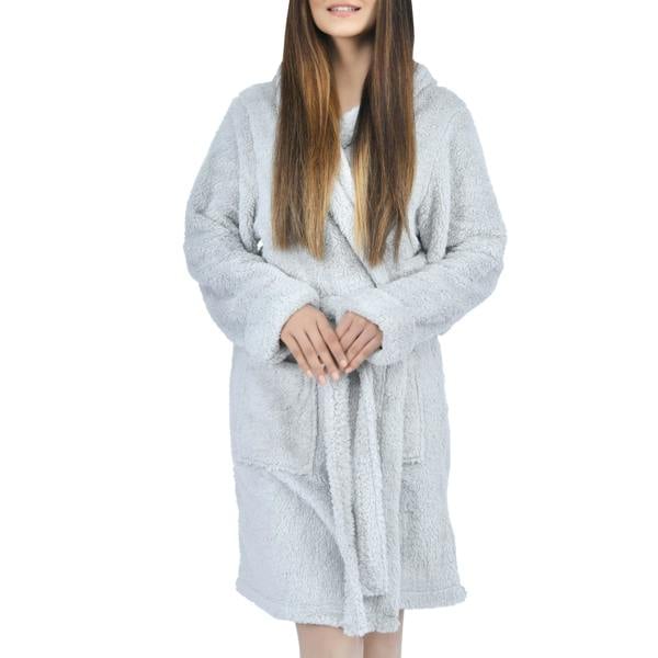 Smart Living Women's Faux Fur Fleece Hooded Bathrobe- Grey