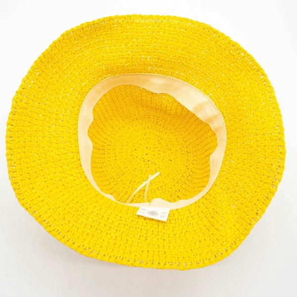 Yellow straw sun hat with round crown and light inner sweatband
