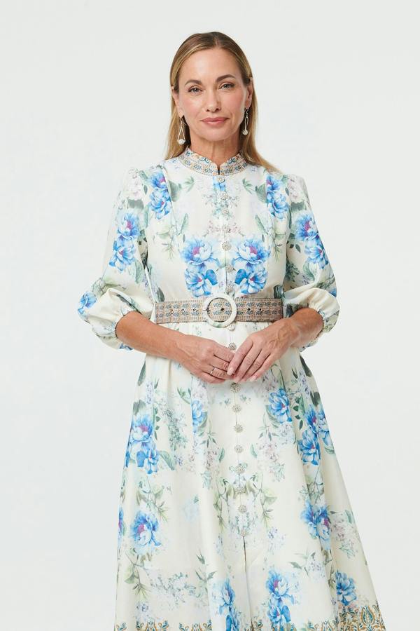 White | Border Print Belt A-Line Midi Dress