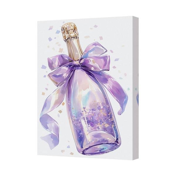 Benjamin Tate Design Champagne Bottle Wall Art Canvas Print With Purple Ribbon Bow