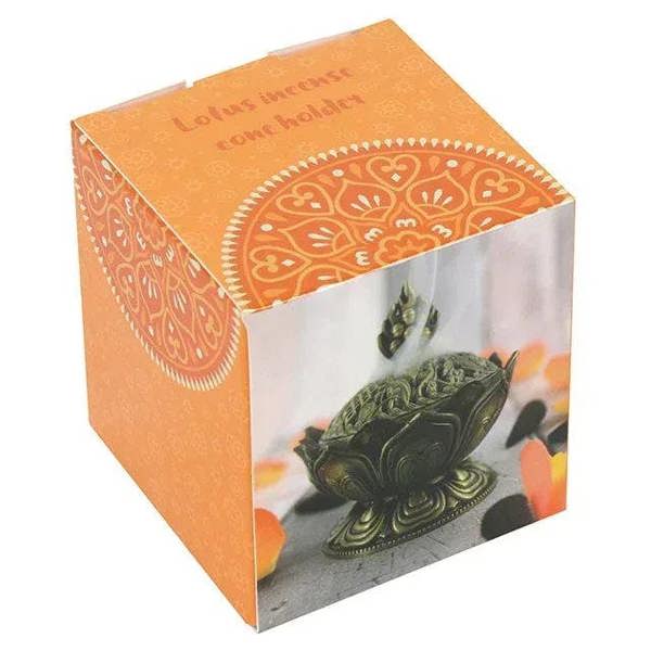 Orange product box featuring metal lotus incense cone holder and burning-cone graphic