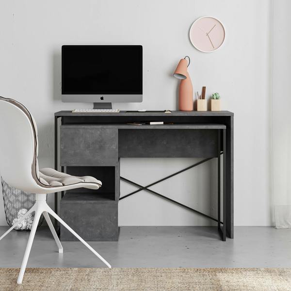 Decortie Modern Badau L-Shaped Computer Desk Metal Legs 3 Adjustable Storage Shelf Extra Table 110cm(W) Work PC Office