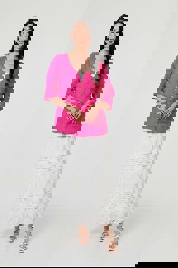 Pink | Button Detail 3/4 Sleeve Relaxed Blouse
