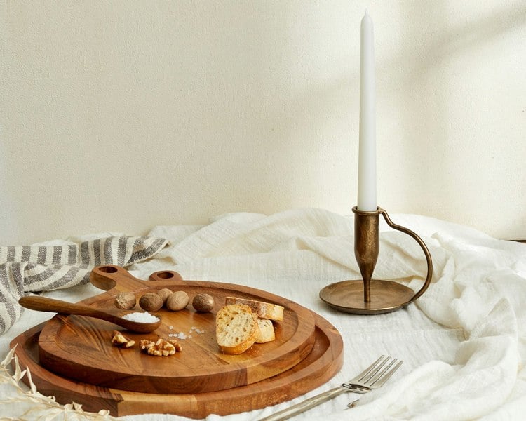 Modern Round Wood Serving Tray with Handles from What a Host Home