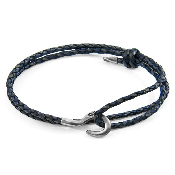 Anchor & Crew Indigo Blue Charles Silver and Braided Leather SKINNY Bracelet