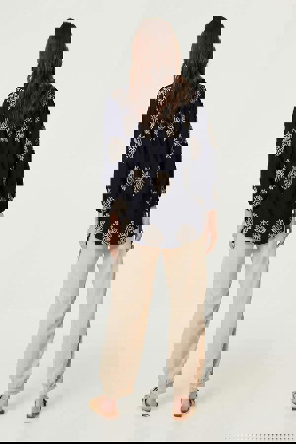 Navy | Border Print Tie Front Relaxed Blouse