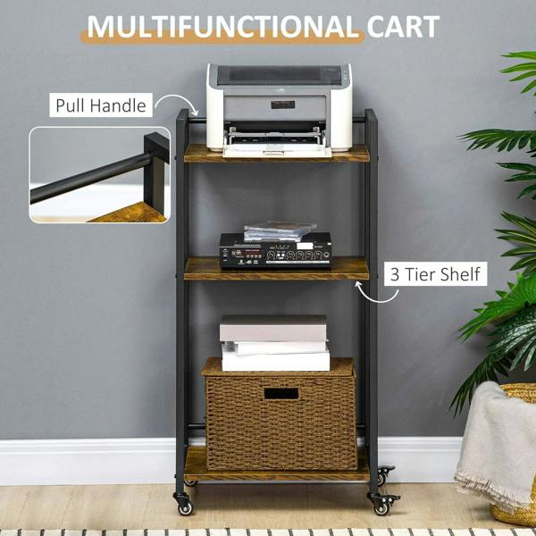 3-tier rolling printer stand cart, black frame, rustic brown shelves, lockable wheels
