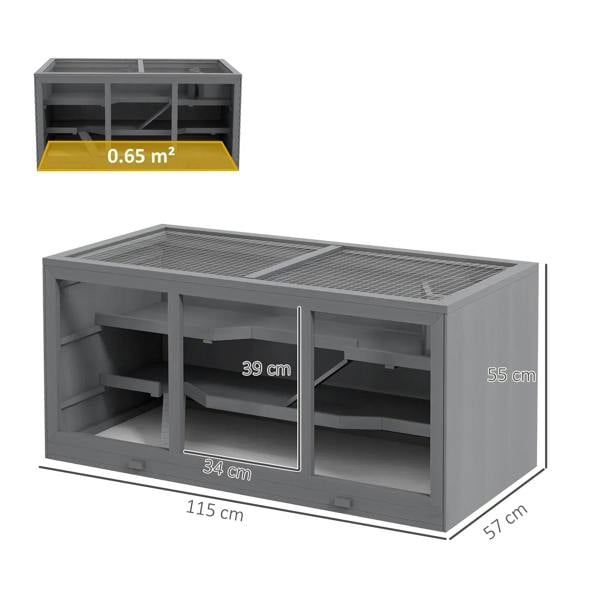 Grey wooden hamster cage with open front doors, interior shelves, and pull-out tray