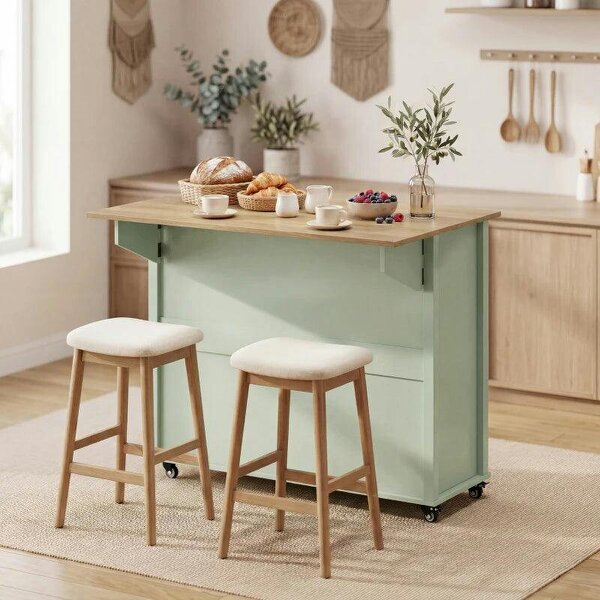 Bobobiy Kitchen Island with Drop Leaf Tabletop Kitchen Island on Wheels Storage Cabinet Shelf Trolley Light Green - Green