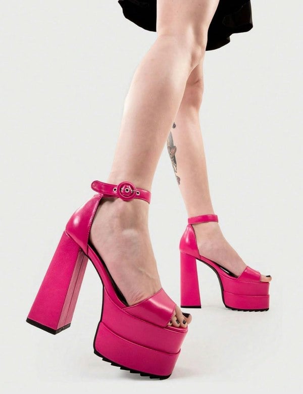 Lamoda Chunky Sandals Just Coz Round Toe Platform Heels with Strap, Fuchsia