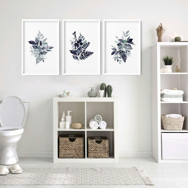 Toilet wall decor | set of 3 Blue Botanical wall art