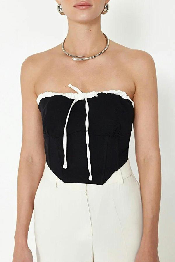 WOVCOR Straplez Tie Detail Crop Fitted Blouse
