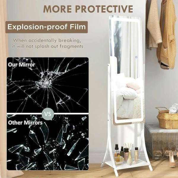 White full-length standing mirror with LED light border and protective film panel