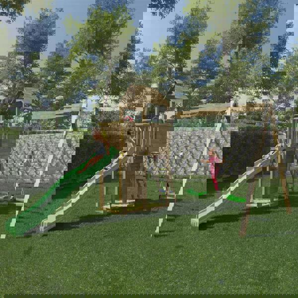 Boomer Climbing Frame Tower featuring Swings Slide sandpit and climbing wall - Best Shed