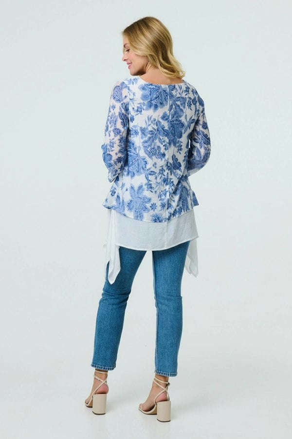 Blue | Floral 3/4 Sleeve Layered High Low Tunic
