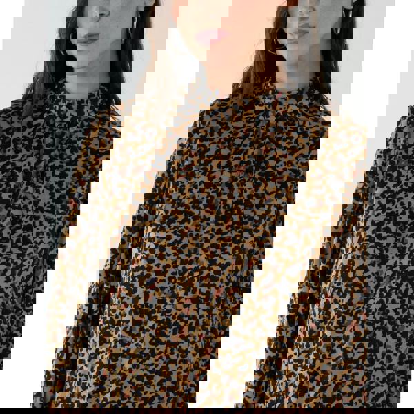 Blue Vanilla High Neck Leopard Print Satin Blouson Top