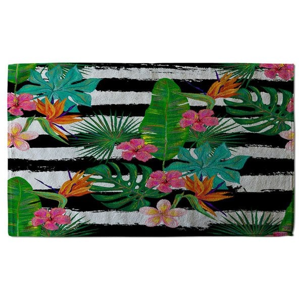 Benjamin Tate Design Tropical Plants on Black & White Stripes (Bath Towel)