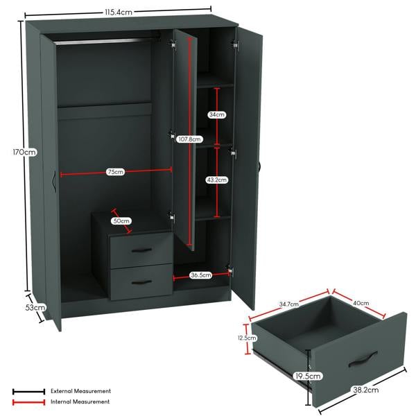 Vida Designs Riano 3 Door 2 Drawer Mirrored Wardrobe