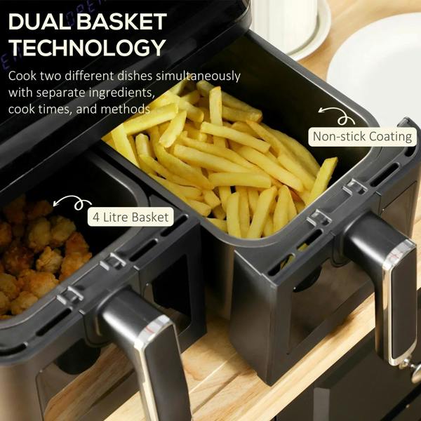 Dual-basket air fryer with two nonstick baskets and cooking fries visible through windows