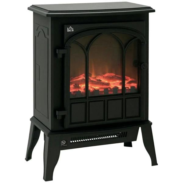 Black freestanding electric stove fireplace with LED log flame behind front glass door.