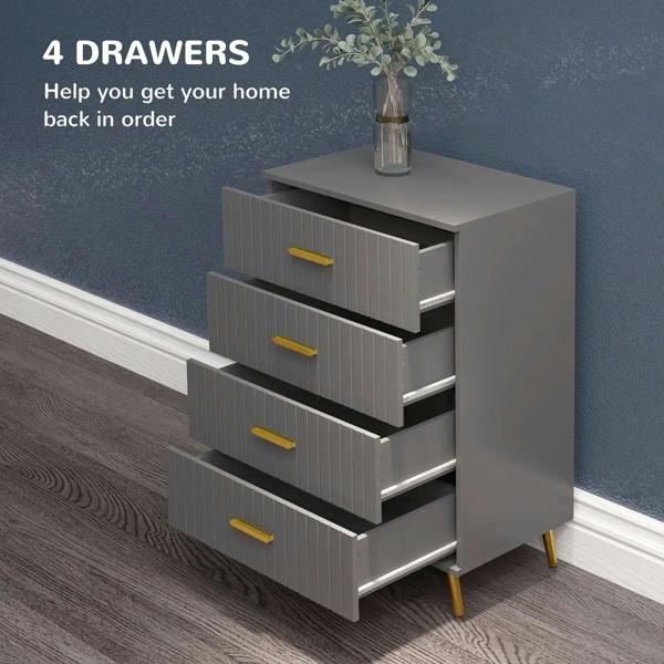 Dark grey 4-drawer dresser with embossed vertical lines and gold-tone handles, open drawers
