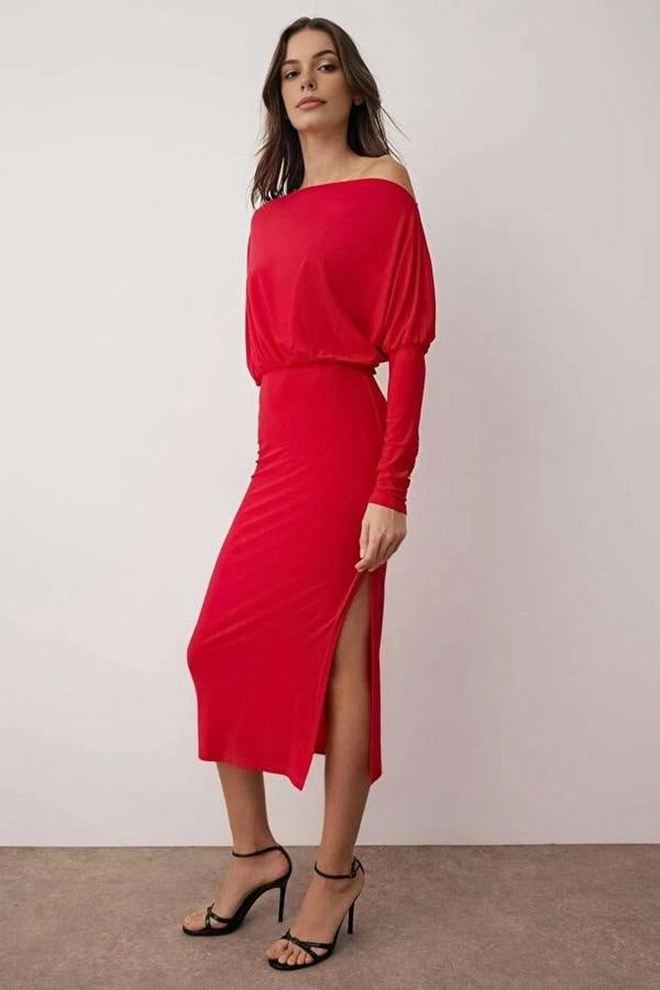 WOVCOR Asymmetrical Collar Stretchy Midi Knit Dress