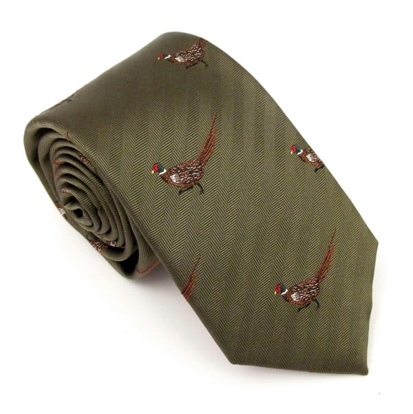 Claudio Lugli Gold Walking Pheasant Country Silk Neck-Tie by Van Buck - Green