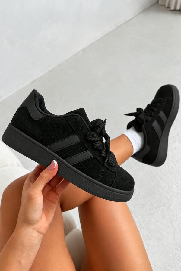 Love Lemonade Classic Faux Suede Lace-Up Stripe Trainers All Black