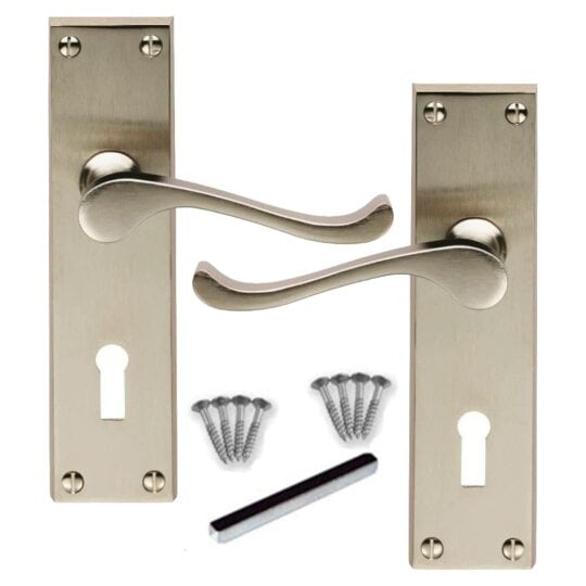 EDH Door Hardware Satin Nickel Victorian Scroll Lock Door Handles + 3 Lever Mortice Sash Lock Set1