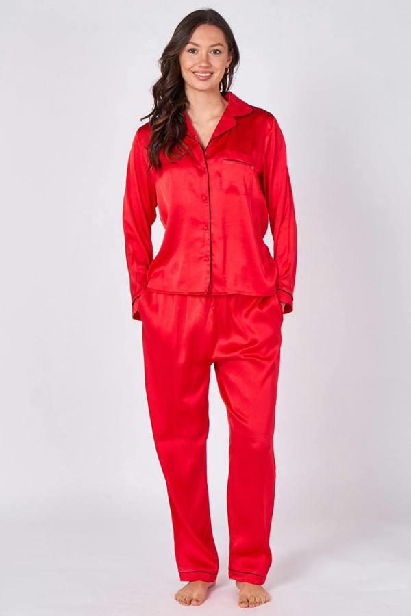 Elaina Fashion Red Long sleeve satin Pj set with pockets