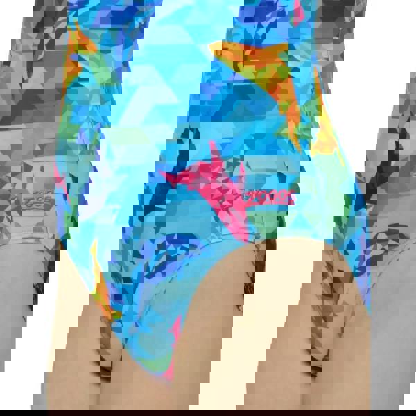 Blue Zoggs girls dolphine sprintback swimsuit in geometric dolphin print