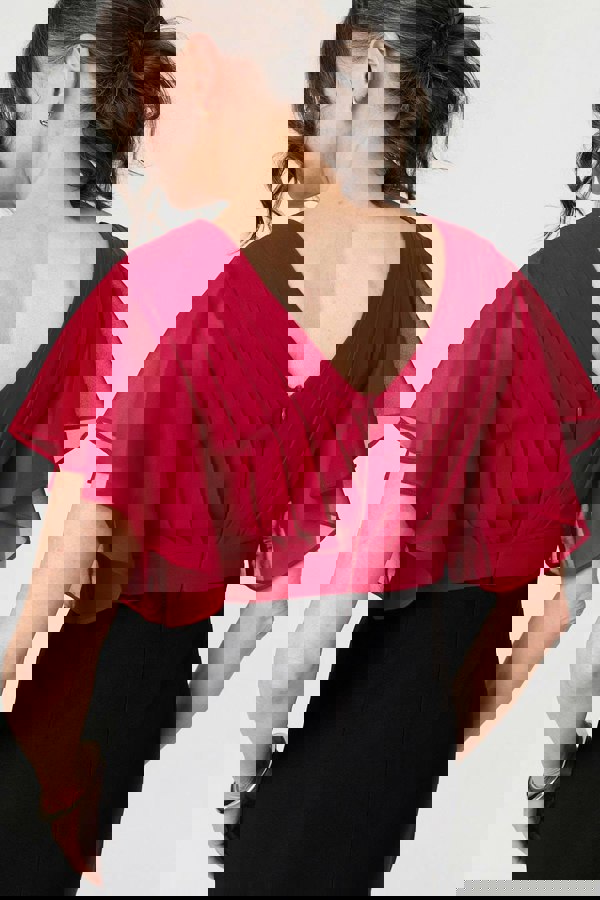 Red | Colour Block Sheer Sleeve Midi Dress
