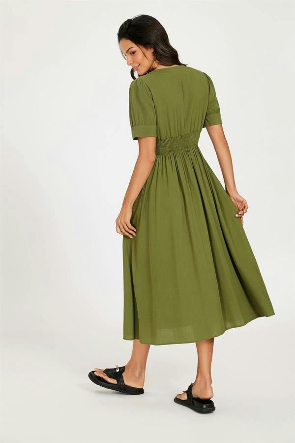 FS Collection Button Front Short Sleeve Midi Dress In Khaki Green