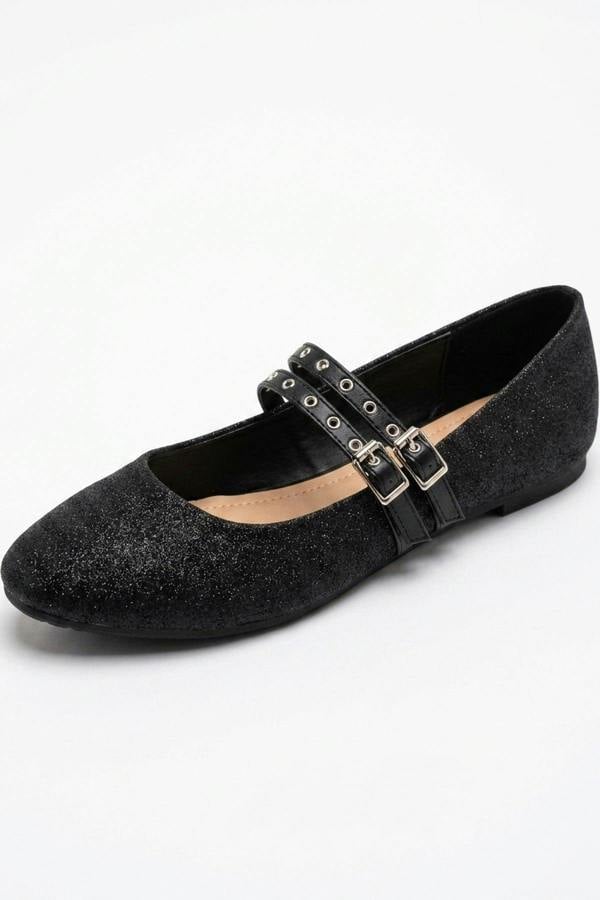 Cordelia Glittery Mary Jane Flats - Black