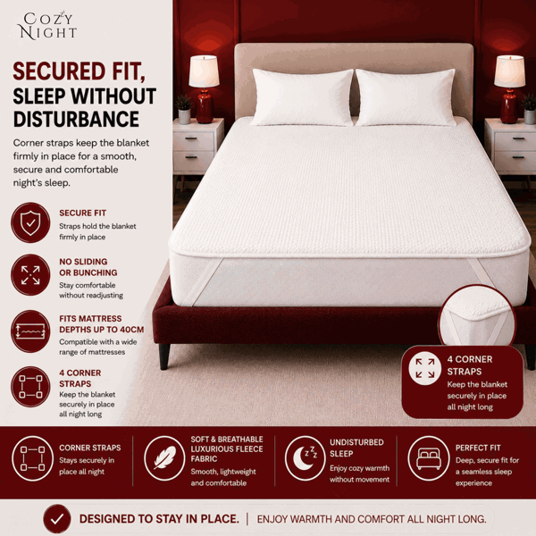 Cozy Night Double Size Electric Blanket Heated with 3 Heat Settings - Quick Fit Underblanket - Fleece Material Machine Washable