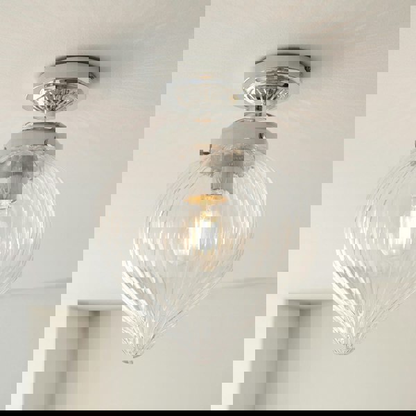 Decorative Flush Bathroom Ceiling Light Fitting - Clear Ribbed Glass Shade