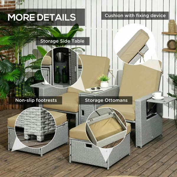 Beige-cushioned rattan recliner set with storage side table and storage ottomans