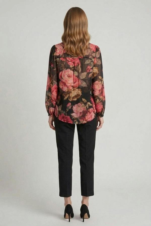 Black | Floral Long Sleeve Button Front Blouse