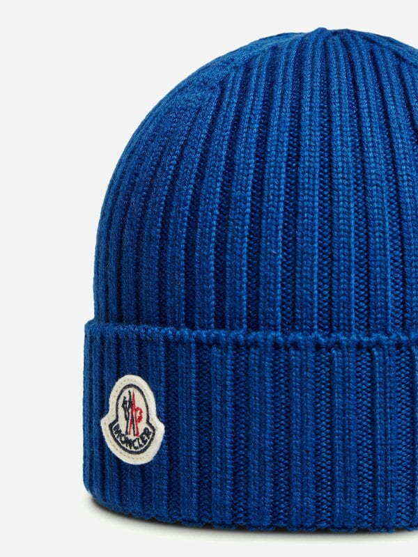 Moncler Enfant Boys Wool Logo Beanie Hat in Blue