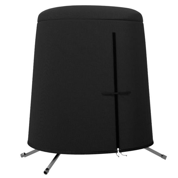 Black egg chair protective cover with cross strap detail and bottom stand legs