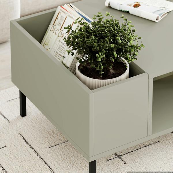 Decortie Modern Coffee Table 100cm with Vertical Planter Shelf & Open Storage Tray Table Black Metal Legs,Living Room, Ash Green