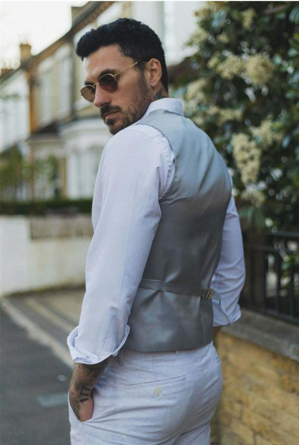 Infinity Leather Men's Summer 2 Piece Suit Linen Formal Grey Waistcoat Trousers